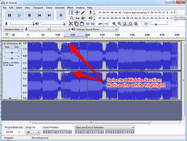 Audacity Highlighted Middle Section Audacity Highlighted Middle Section
